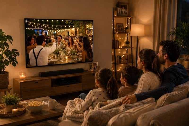Famille regardant leur diaporama souvenir