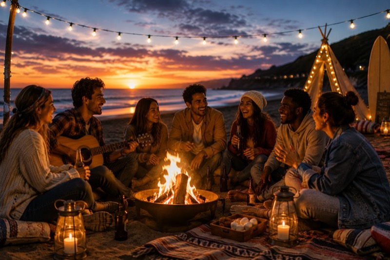 Amis autour d'un feu de camp sur la plage